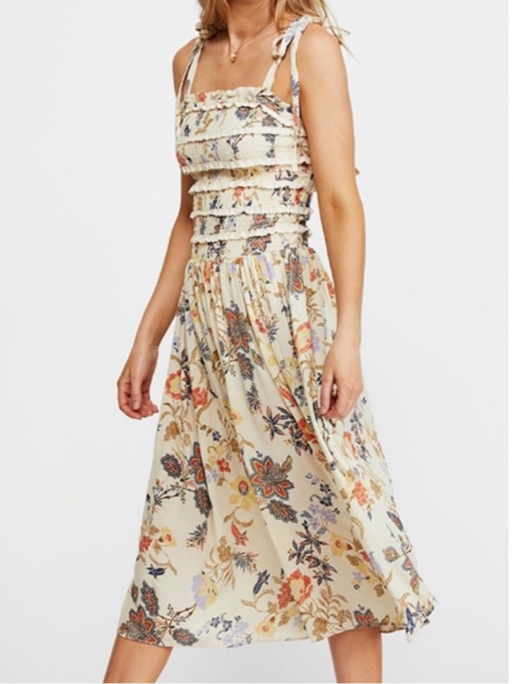 FREE PEOPLE Isla Cream S Floral Midi Smocked Dress Tie Shoulder Revolve